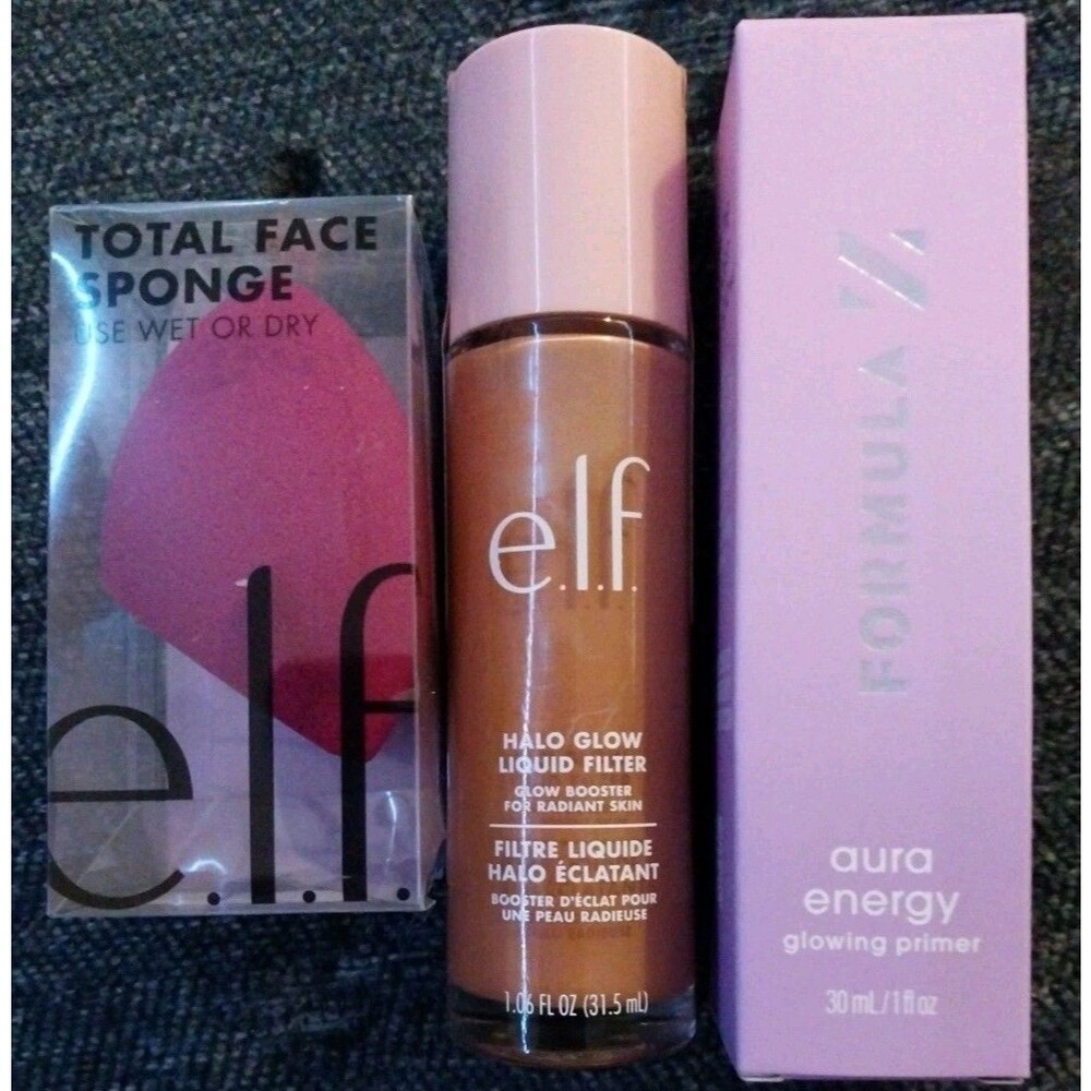 e.l.f. Halo Glow Liquid Filter Formula Z Aura Energy Primer & Face Sponge Lot